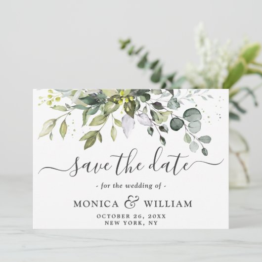 Elegant Waterverf Eucalyptus 3 FOTO Weddenschap Save The Date (Staand voorkant)