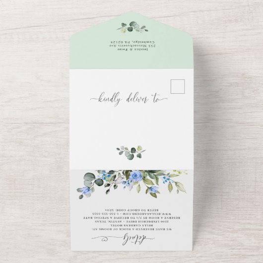 Elegant Waterverf Eucalyptus Blue Rozen Weddenscha All In One Uitnodiging (Buitenkant)