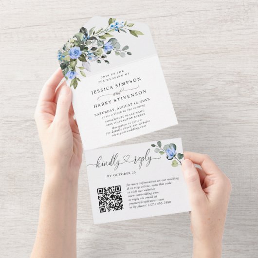 Elegant Waterverf Eucalyptus Blue Rozen Weddenscha All In One Uitnodiging (Afscheurbaar)
