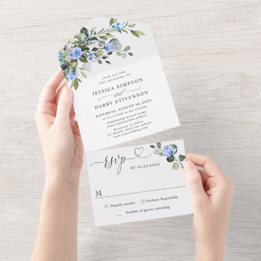 Elegant Waterverf Eucalyptus Blue Rozen Weddenscha All In One Uitnodiging (Afscheurbaar)