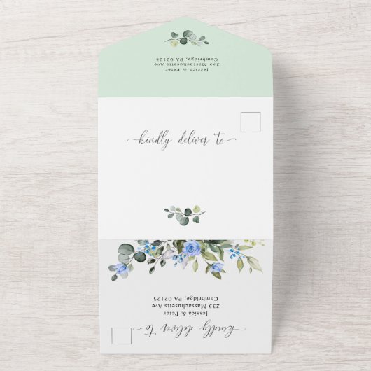 Elegant Waterverf Eucalyptus Blue Rozen Weddenscha All In One Uitnodiging (Buitenkant)