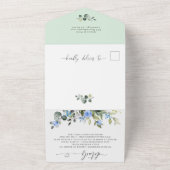 Elegant Waterverf Eucalyptus Blue Rozen Weddenscha All In One Uitnodiging (Buitenkant)