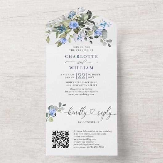 Elegant Waterverf Eucalyptus Blue Rozen Weddenscha All In One Uitnodiging (Binnen)