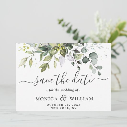Elegant Waterverf Eucalyptus Floral PHOTO Weddensc Save The Date (Staand voorkant)