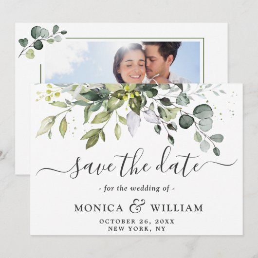 Elegant Waterverf Eucalyptus Floral PHOTO Weddensc Save The Date (Voorkant / Achterkant)