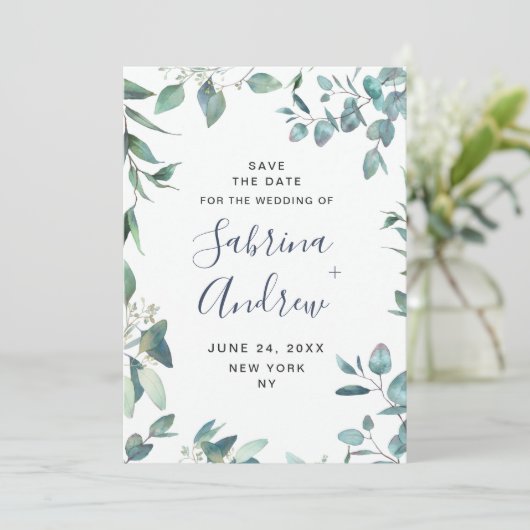 Elegant Waterverf Eucalyptus Floral Wedding Save The Date (Staand voorkant)