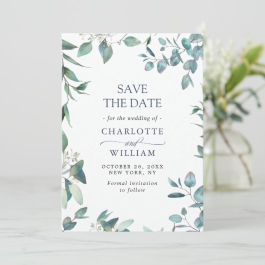 Elegant Waterverf Eucalyptus Floral Wedding Save The Date (Staand voorkant)