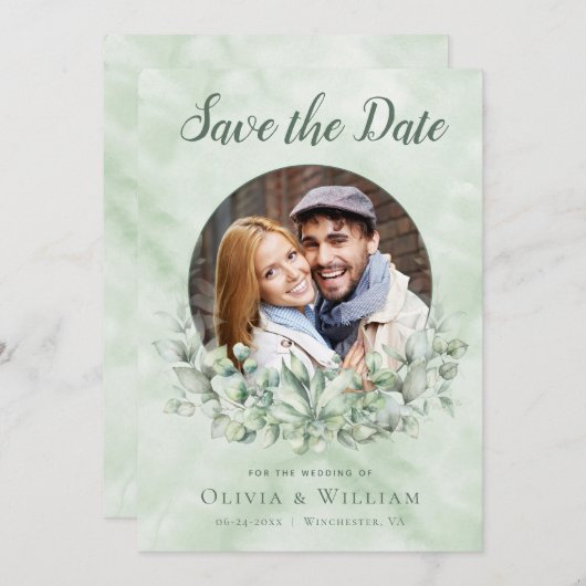 Elegant Waterverf Eucalyptus Foto bruiloft Save The Date (Voorkant / Achterkant)