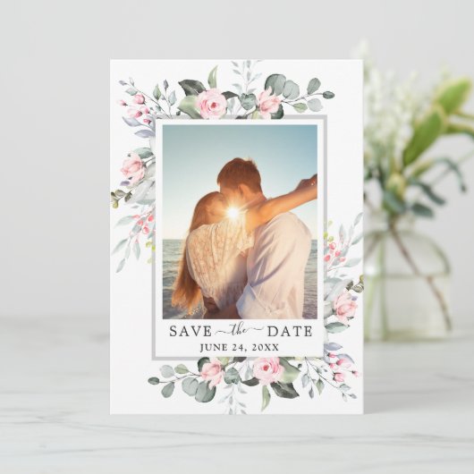 Elegant Waterverf Eucalyptus FOTO Weddenschap Save Save The Date (Staand voorkant)