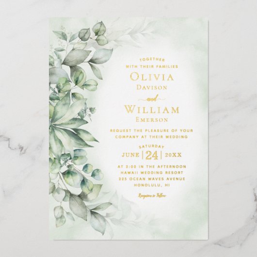 Elegant Waterverf Eucalyptus Gold Foil Weddenschap Folie Uitnodiging (Voorkant)