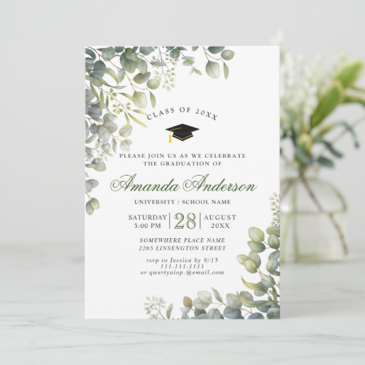 Elegant Waterverf Eucalyptus Graduparty Kaart (Staand voorkant)