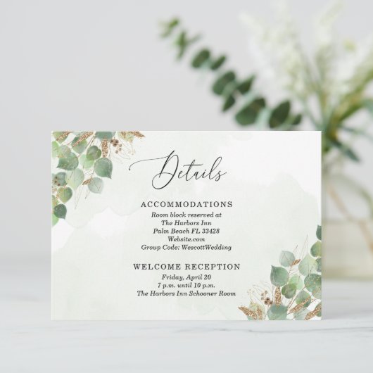 Elegant Waterverf Eucalyptus Greenery Gold Accent Informatiekaartje (Staand voorkant)