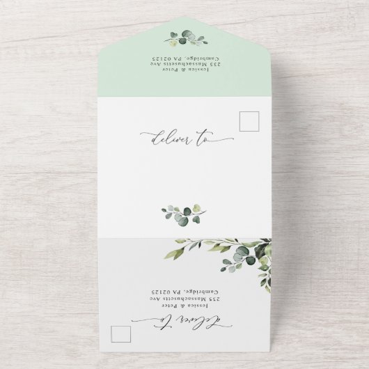 Elegant Waterverf Eucalyptus Greenery Wedding All In One Uitnodiging (Buitenkant)