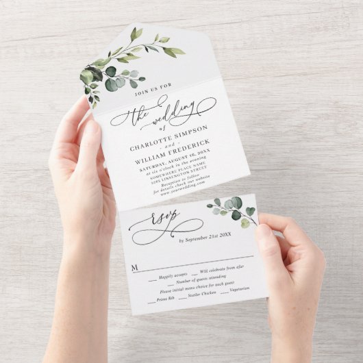 Elegant Waterverf Eucalyptus Greenery Wedding All In One Uitnodiging (Afscheurbaar)