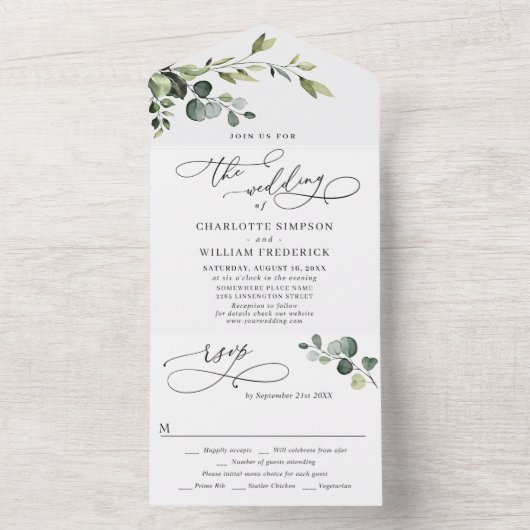 Elegant Waterverf Eucalyptus Greenery Wedding All In One Uitnodiging (Binnen)