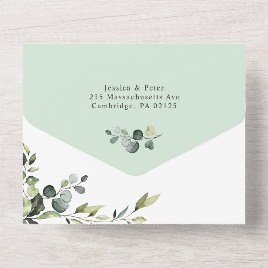 Elegant Waterverf Eucalyptus Greenery Wedding All In One Uitnodiging (Achterkant)