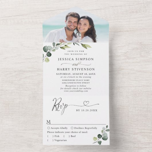Elegant Waterverf Eucalyptus Greenery Wedding All In One Uitnodiging (Binnen)
