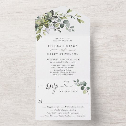 Elegant Waterverf Eucalyptus Greenery Wedding All In One Uitnodiging (Binnen)