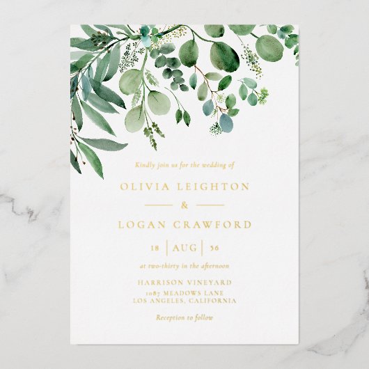 Elegant Waterverf Eucalyptus Greenery Wedding Folie Uitnodiging (Voorkant)