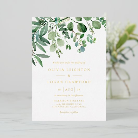 Elegant Waterverf Eucalyptus Greenery Wedding Folie Uitnodiging (Staand Voorkant)