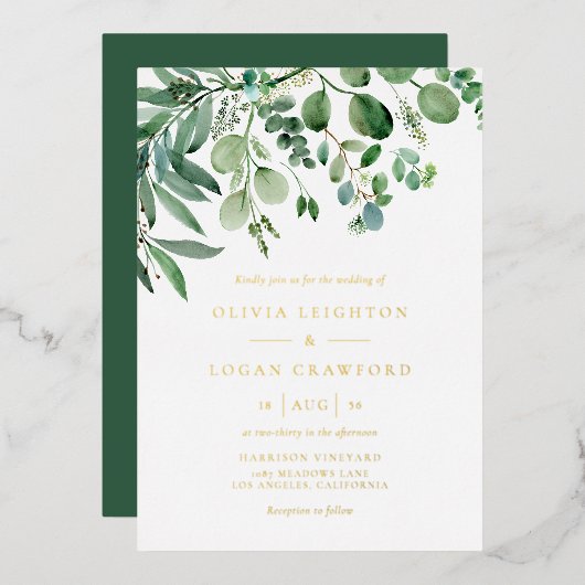 Elegant Waterverf Eucalyptus Greenery Wedding Folie Uitnodiging (Voorkant / Achterkant)