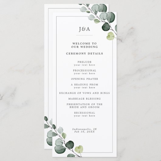 Elegant Waterverf Eucalyptus Greenery Wedding Programmakaart (Voorkant / Achterkant)