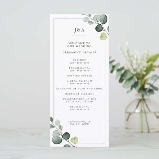 Elegant Waterverf Eucalyptus Greenery Wedding Programmakaart (Staand voorkant)