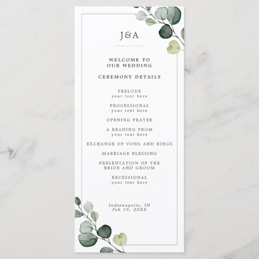 Elegant Waterverf Eucalyptus Greenery Wedding Programmakaart (Voorkant)