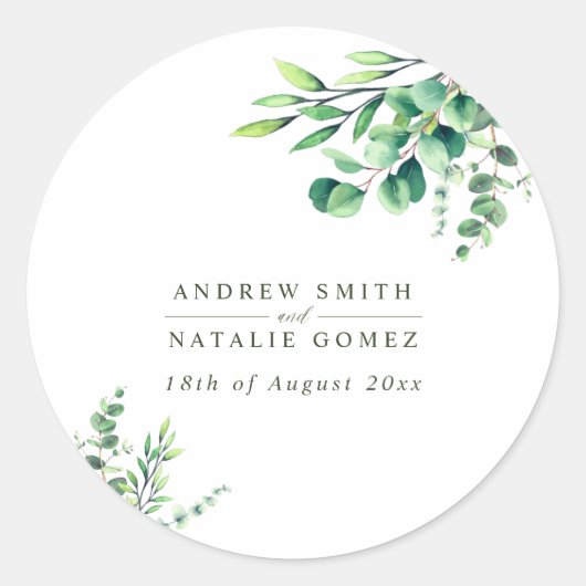 Elegant Waterverf Eucalyptus Greenery Wedding Ronde Sticker (Voorkant)