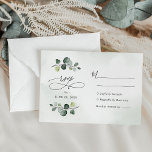 Elegant Waterverf Eucalyptus Greenery Wedding RSVP Kaartje<br><div class="desc">Deze aanpasbare RSVP-kaart is ontworpen om te coördineren met ons Boho Greenery bruiloft collectie en biedt een eucalyptusvertakking voor de waterverf die is ingesteld tegen een delicate wasachtergrond voor de waterverf met grafische kalligrafie,  in combinatie met een klasbare serif en een moderne sans lettertype in zwart. Overeenkomende objecten beschikbaar.</div>