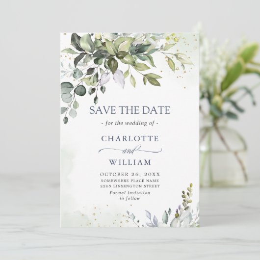 Elegant Waterverf Eucalyptus Greenery Wedding Save The Date (Staand voorkant)