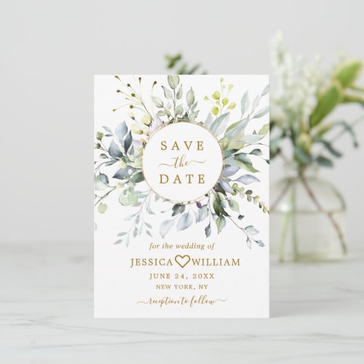 Elegant Waterverf Eucalyptus Greenery Wedding Save The Date (Staand voorkant)