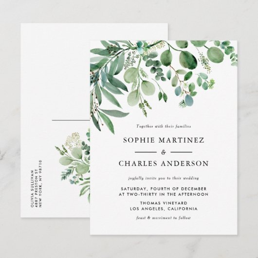Elegant Waterverf Eucalyptus Greenery Wedding Uitnodiging Briefkaart (Voorkant / Achterkant)