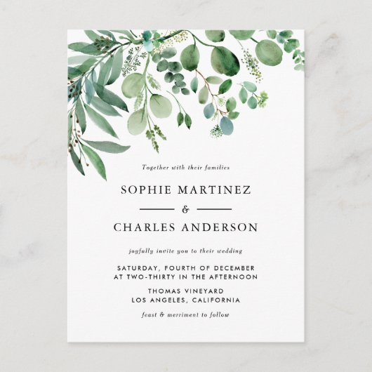 Elegant Waterverf Eucalyptus Greenery Wedding Uitnodiging Briefkaart (Voorkant)
