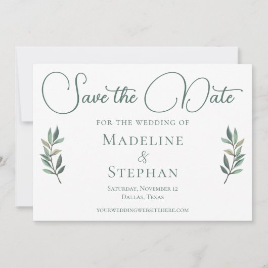 Elegant Waterverf Eucalyptus Leaf Green Modern Save The Date (Voorkant)