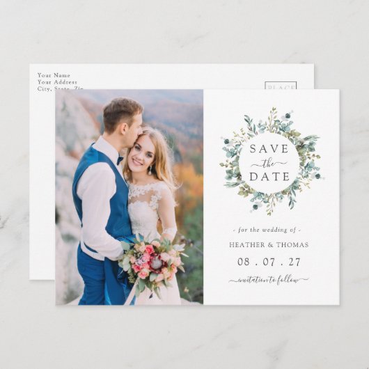 Elegant Waterverf Eucalyptus met sparen de datum Aankondigingskaart (Voorkant / Achterkant)