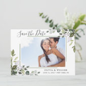 Elegant Waterverf Eucalyptus PHOTO Weddenschap Save The Date (Staand voorkant)