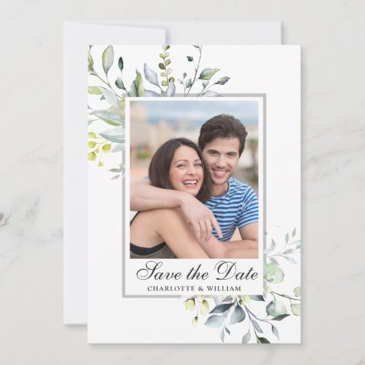 Elegant Waterverf Eucalyptus PHOTO Weddenschap Save The Date (Voorkant)