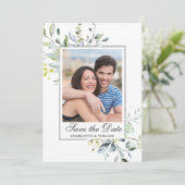 Elegant Waterverf Eucalyptus PHOTO Weddenschap Save The Date (Staand voorkant)