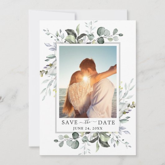 Elegant Waterverf Eucalyptus PHOTO Weddenschap Save The Date (Voorkant)