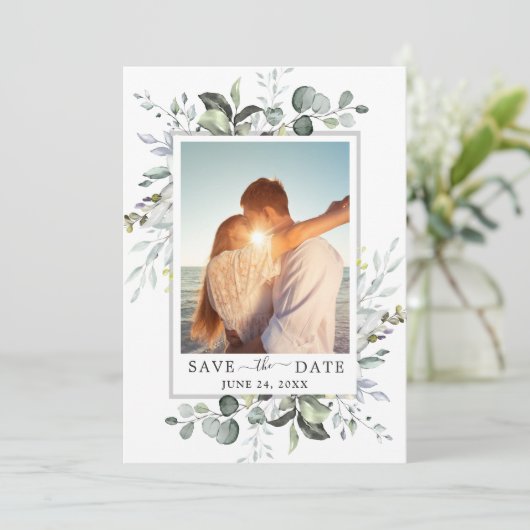 Elegant Waterverf Eucalyptus PHOTO Weddenschap Save The Date (Staand voorkant)
