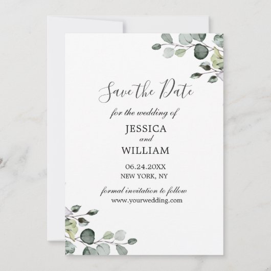 Elegant Waterverf Eucalyptus PHOTO Weddenschap Save The Date (Achterkant)