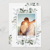 Elegant Waterverf Eucalyptus PHOTO Weddenschap Save The Date (Voorkant / Achterkant)