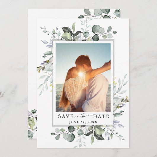 Elegant Waterverf Eucalyptus PHOTO Weddenschap Save The Date (Voorkant / Achterkant)