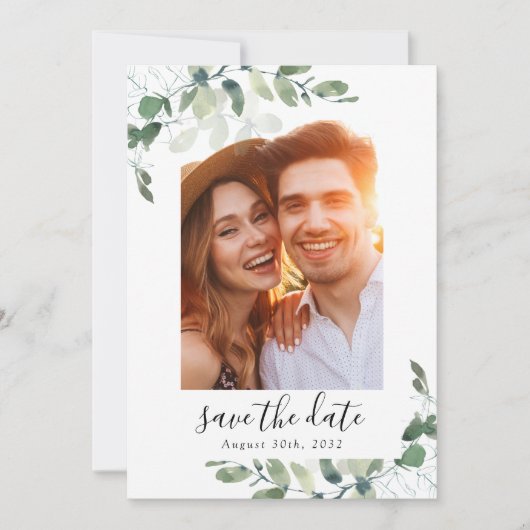 Elegant Waterverf Eucalyptus PHOTO Weddenschap Save The Date (Voorkant)