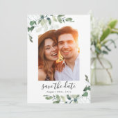 Elegant Waterverf Eucalyptus PHOTO Weddenschap Save The Date (Staand voorkant)