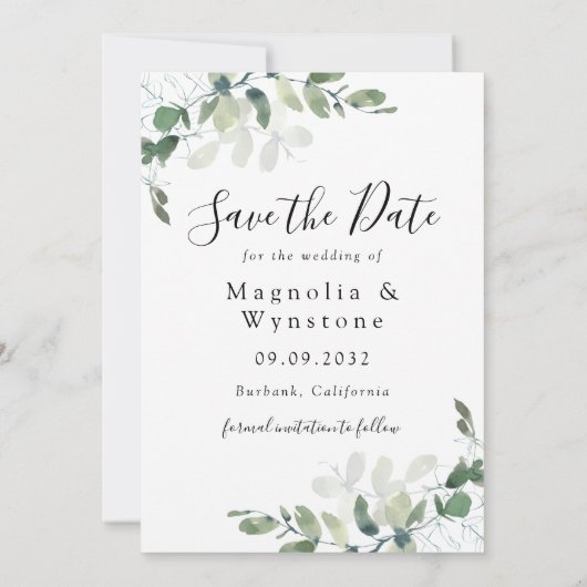 Elegant Waterverf Eucalyptus PHOTO Weddenschap Save The Date (Achterkant)