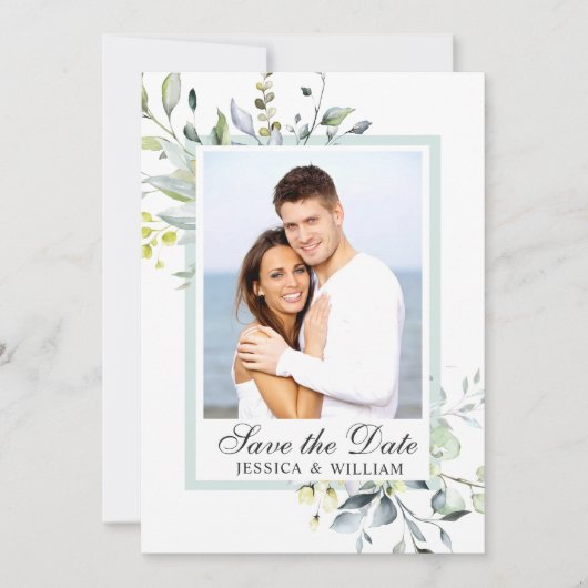 Elegant Waterverf Eucalyptus PHOTO Weddenschap Save The Date (Voorkant)