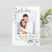 Elegant Waterverf Eucalyptus PHOTO Weddenschap Save The Date (Staand voorkant)