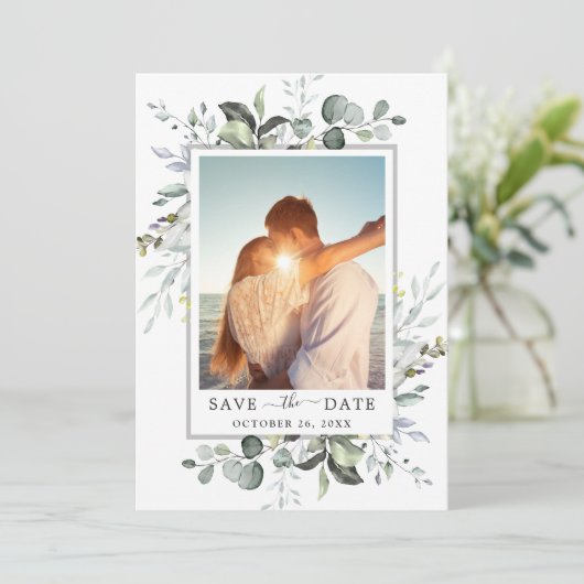 Elegant Waterverf Eucalyptus PHOTO Weddenschap Save The Date (Staand voorkant)